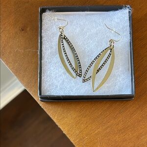 Gold Leaf Drop Earrings with Black Crystal Accents - Women Jewelry